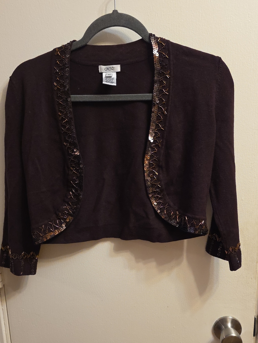 Cache Black Cropped Cardigan with Bronze Sequin Trim
